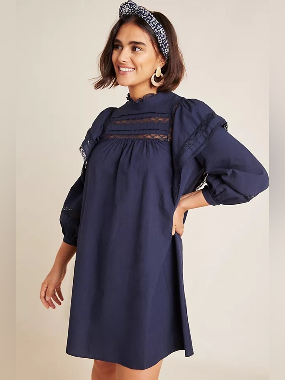 Anthropologie Maeve Fleetwood Tunic Dress Navy Lace Ruffle Size 2